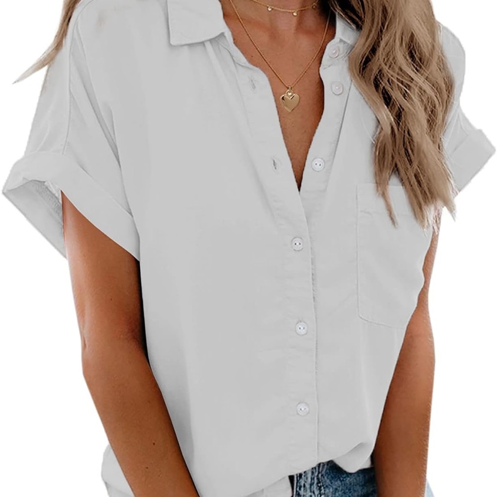 Amazon White Boxy Button Down Shirt with Notched Collar
